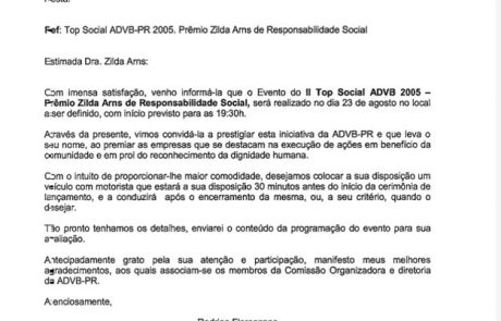 2005 – Top Social – Prêmio Zilda Arns carta convite 2005 - Top Social - Prêmio Zilda Arns carta convite
